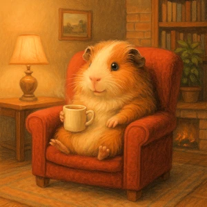 Meerschweinchen sitzt im Wohnzimmersessel mit einer Tasse in der Pfote.